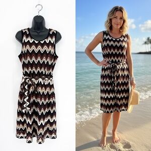 Voir Voir Neutral Beachy Chevron Zig-Zag Crochet Knee Length Dress Brown Size 8